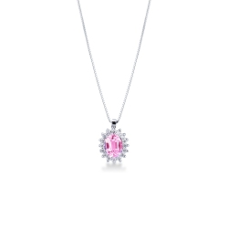 Halo necklace with oval pink sapphire and diamonds