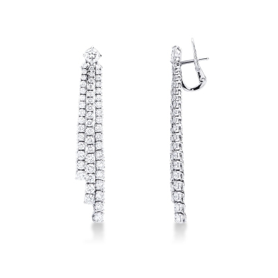 18k white gold triple drop tennis earrings with round cut diamonds