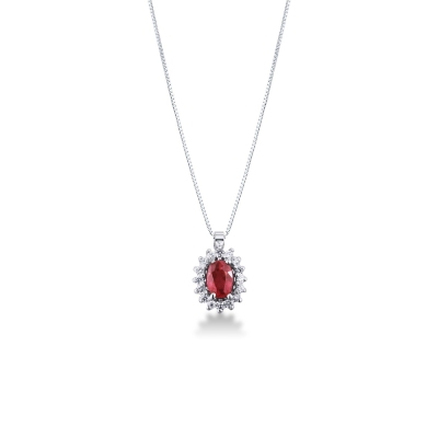Necklace with oval cut ruby and diamonds