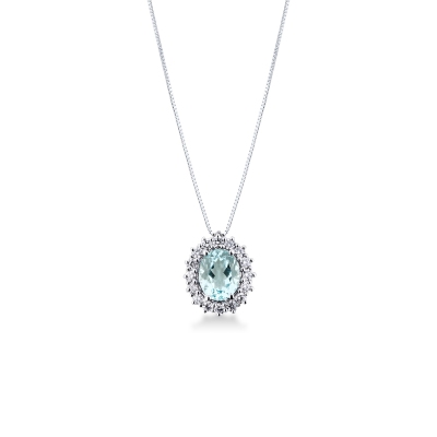 Necklace with pendant, central oval aquamarine and diamonds