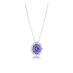 18k white gold necklace with halo pendant with tanzanite and diamonds