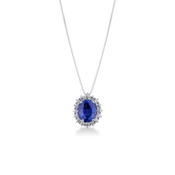 Necklace in white gold 18k with blue sapphire oval cut and diamonds