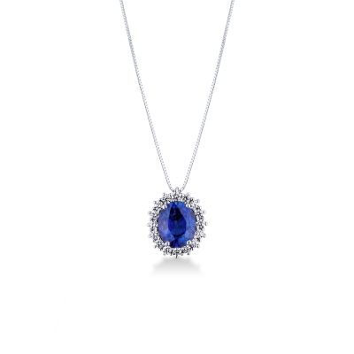 Necklace in white gold 18k with blue sapphire oval cut and diamonds 