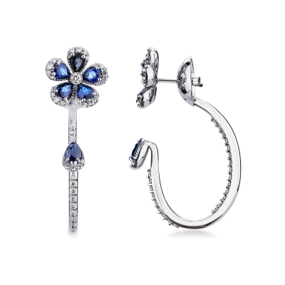 Flower drop earrings with diamonds and blue sapphires