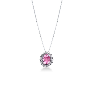 Necklace with pendant,central pink oval sapphire and crowned by diamonds