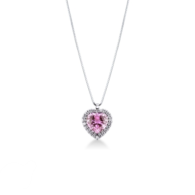 Necklace in white gold 18k with pendant, central heart shaped pink sapphire and diamonds
