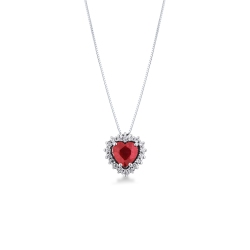 18k white gold necklace with a heart-shaped ruby pendant surrounded by diamonds