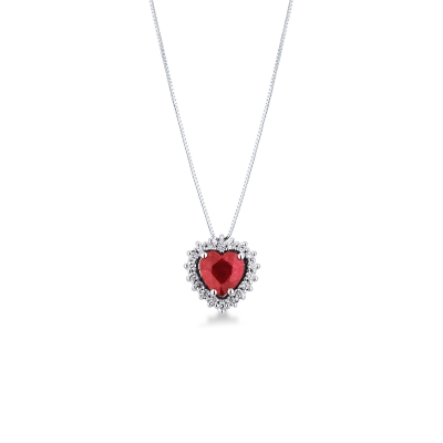 18k white gold necklace with a heart-shaped ruby pendant surrounded by diamonds