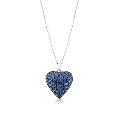 18k white gold necklace with a burnished blue sapphire pavé heart pendant