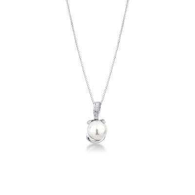 18k white gold necklace with pendant with diamonds and pearl