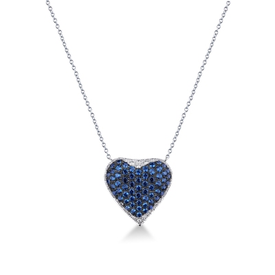 18k white gold necklace with heart pavè pendant blue sapphires and diamonds