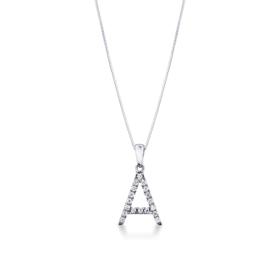 Necklace with initial pendant A in diamonds and white gold