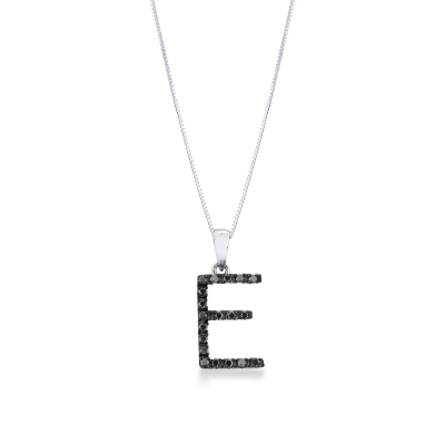 Necklace with initial E in 750 white gold and black diamonds