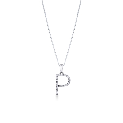 Necklace with initial pendant P in diamonds and white gold