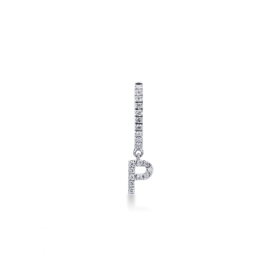 White gold P letter drop earring with diamonds