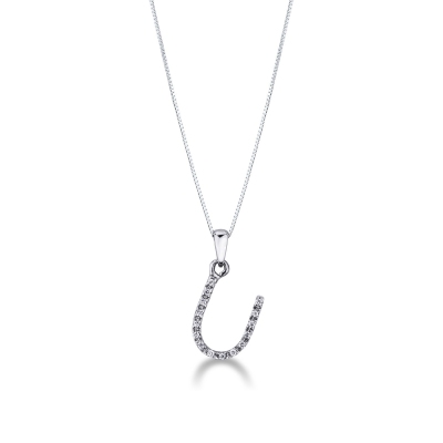 Necklace with initial pendant U in diamonds and white gold