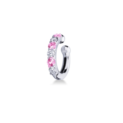 Single hoop earring in white gold 18k with pink sapphires and diamonds 