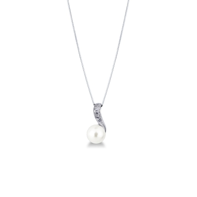 Necklace in 18k white gold with pearl and diamonds
