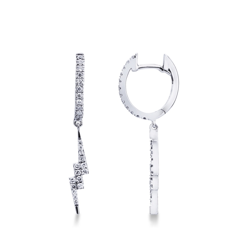 White gold 18k hoop earrings with diamond pendant lightning shaped White gold 18k hoop earrings with diamond pendant lightning shaped