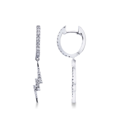 White gold 18k hoop earrings with diamond pendant lightning shaped