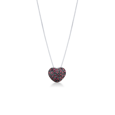 18k white gold necklace with rubies pavè burnished heart pendant