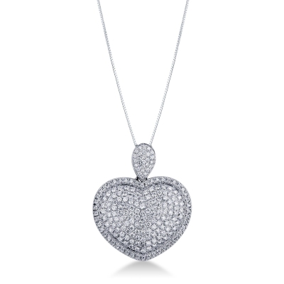 18k white gold necklace with rounded heart full of diamonds