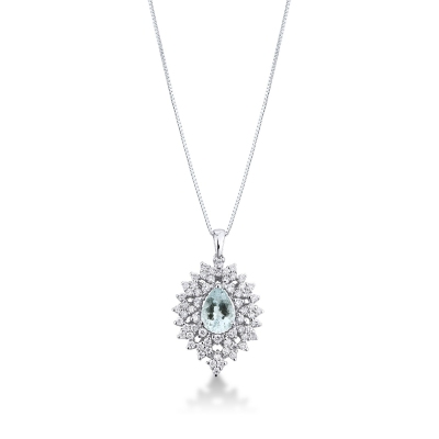 Necklace with pendant, central aquamarine and round cut diamonds