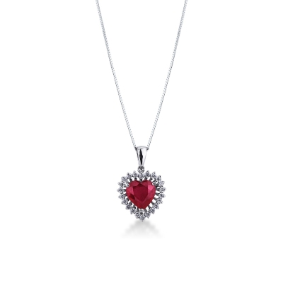 Necklace with pendant in white gold 18k heart cut ruby and diamonds