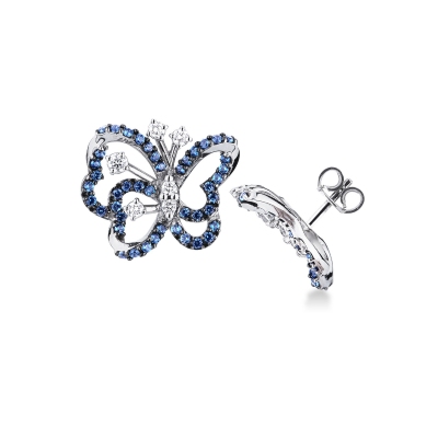 18k white gold butterfly earrings with blue sapphires and diamonds