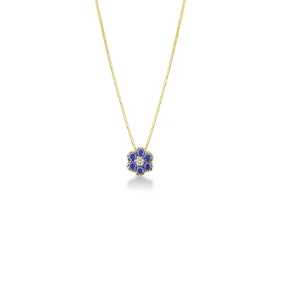 Little flower pendant in 18k yellow gold with diamonds and sapphires
