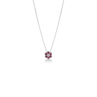 Little flower pendant in 18k white gold with rubies and diamonds