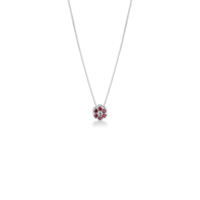 Little flower pendant in 18k white gold with diamonds and rubies