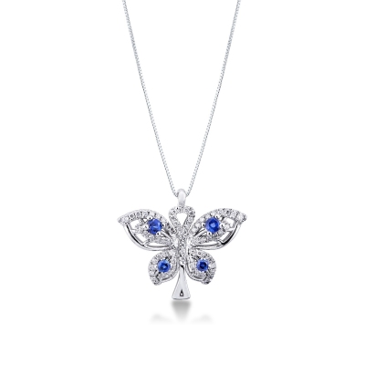 Fancy butterfly pendant in 18k white gold with sapphires and diamonds
