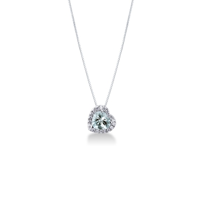 Necklace with inclined pendant, heart cut aquamarine and diamonds
