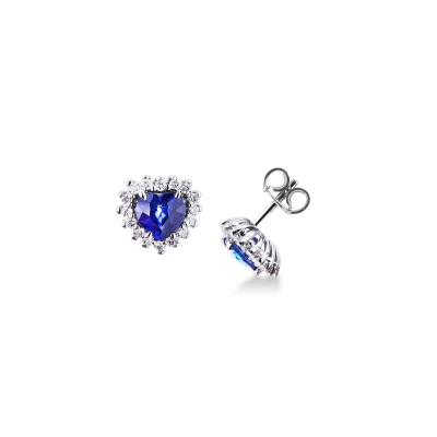 18k white gold stud earrings with blue sapphires heart cut and diamonds 