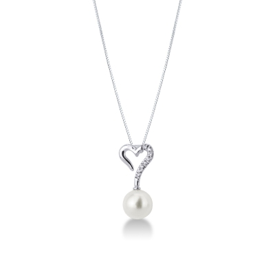 Necklace in 18k white gold with heart shaped pendant with pearl and diamonds 
