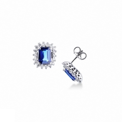 Halo stud earrings in white gold 18k with diamonds and blue sapphires