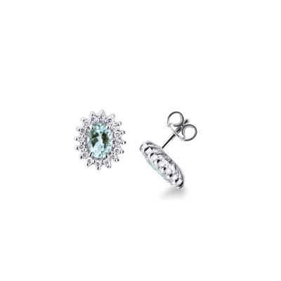 18k white gold stud earrings with aquamarine oval cut and diamonds halo