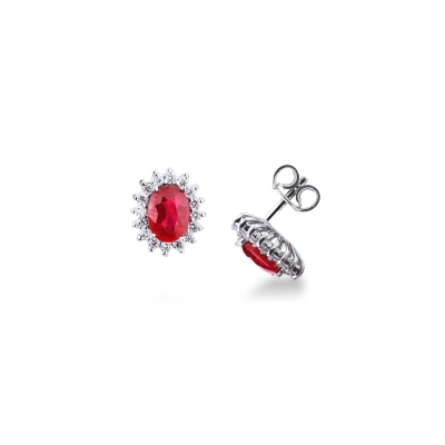 Halo earrings in white gold 18k with rubies and diamonds 