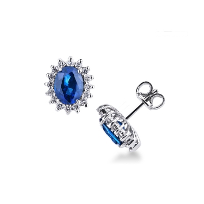 Halo stud earrings with blue sapphires and diamonds in white gold 18k