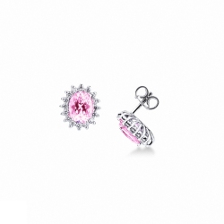 White gold 18k halo earrings with pink sapphires oval cut and diamonds