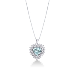 Necklace with pendant, central heart cut aquamarine and 2 rows of diamonds
