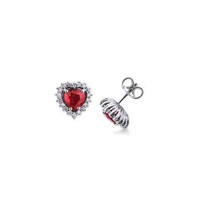 18k white gold earrings with diamonds and ruby heart cut