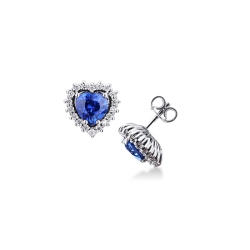 Halo earrings with blue sapphire heart and diamonds