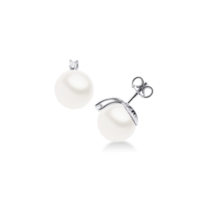 White gold 18k stud earrings with pearls of about 11.50 mm and diamonds 