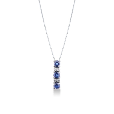Trilogy necklace in white gold 18k with blue sapphires and diamonds