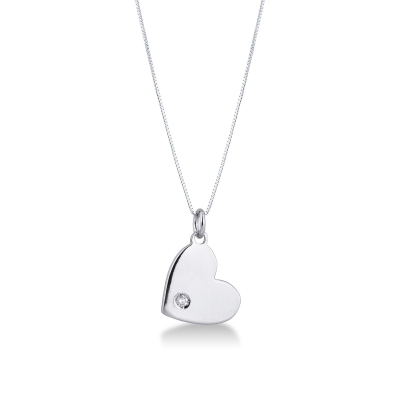 18k white gold inclined flat heart pendant with diamond
