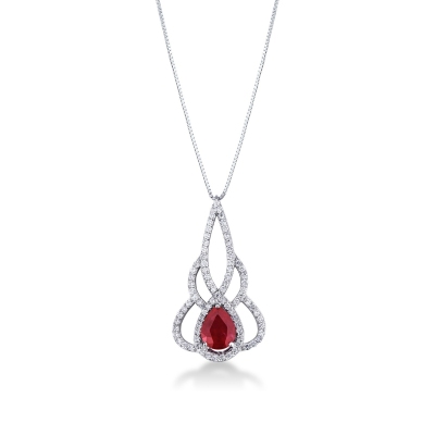 Fancy pendant in 18k white gold with ruby and diamonds