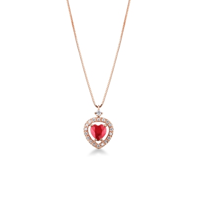 18k rose gold necklace with halo heart ruby and diamonds pendant