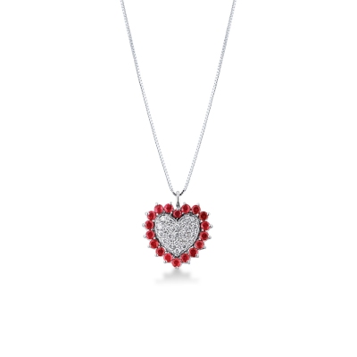 18k white gold necklace with heart ruby and diamonds pendant
